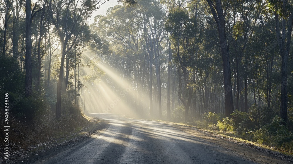 Obraz premium Sunbeams Through Trees Illuminating a Winding Road