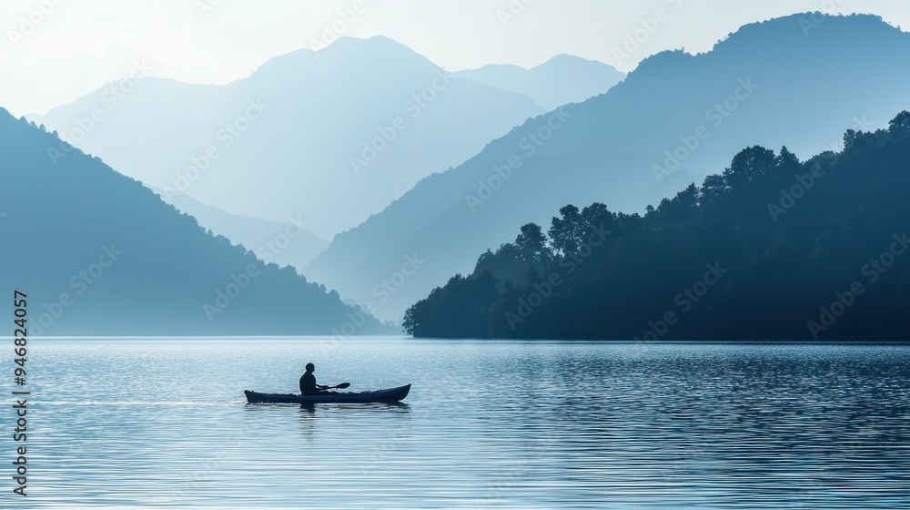 Solitary Kayaker on a Serene Lake with Misty Mountain Background Solitary Kayaker on a Serene Lake with Misty Mountain Background
