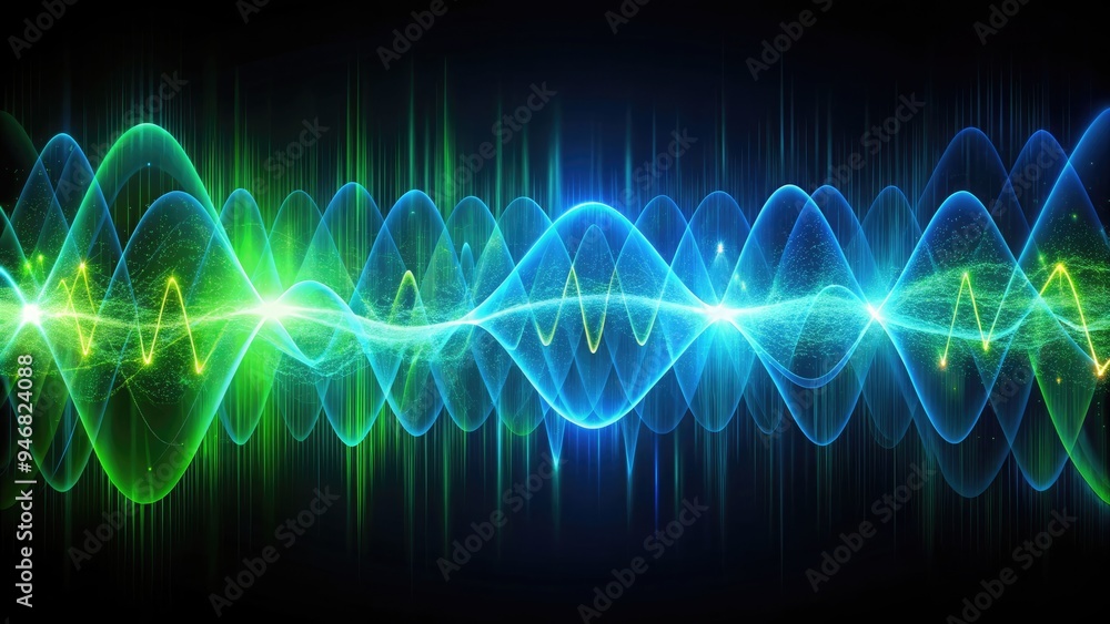 Abstract digital waveform composition featuring vibrant blue and green oscillations against a dark background, evoking a sense of futuristic technology and dynamic energy. Abstract digital waveform composition featuring vibrant blue and green oscillations against a dark background, evoking a sense of futuristic technology and dynamic energy.