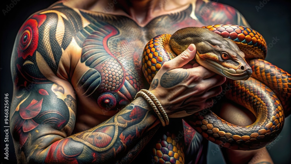 A close-up of a coiled snake wrapping around a toned arm, its scaly body blending with intricate tattoo designs, symbolizing power and rebirth. A close-up of a coiled snake wrapping around a toned arm, its scaly body blending with intricate tattoo designs, symbolizing power and rebirth.