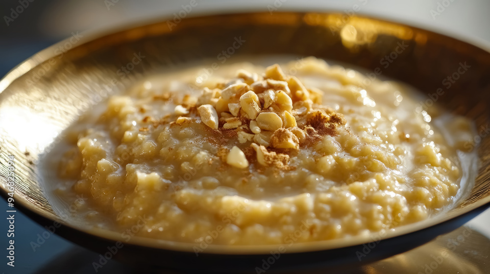creamy oatmeal breakfast with crushed nuts and cinnamon in golden bowl
creamy oatmeal breakfast with crushed nuts and cinnamon in golden bowl