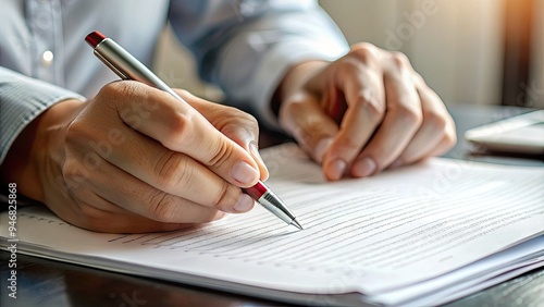 A close-up of a person's hand holding a pen, editing a document with strike-through lines and handwritten notes, symbolizing revisions and alterations.
