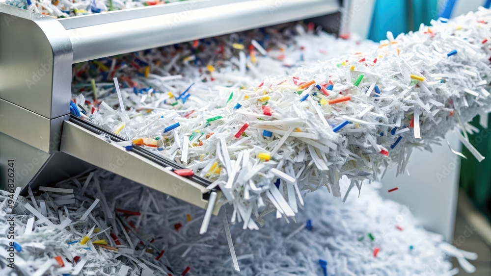A close-up of a white paper document being fed into a shredding machine, confetti-like strips of paper emerging from the other side in a messy heap. A close-up of a white paper document being fed into a shredding machine, confetti-like strips of paper emerging from the other side in a messy heap.