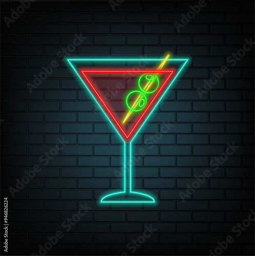 colorful cocktails in martini glasses splashing on black bricks background. neon style.