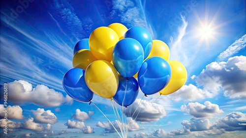 A cluster of nine vibrant balloons in shades of blue and yellow float upward against a soft, white, cloud-filled sky on a sunny day. photo