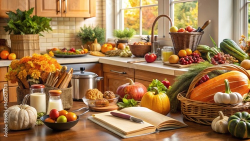 A cluttered kitchen counter with a scattered Thanksgiving shopping list, surrounded by seasonal ingredients, recipe books, and a few groceries, evoking a sense of autumnal preparation. photo