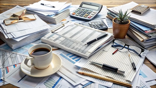 A cluttered desk with various tax forms, calculators, and pens scattered about, symbolizing the complexity and burden of state and local taxes throughout the year. photo