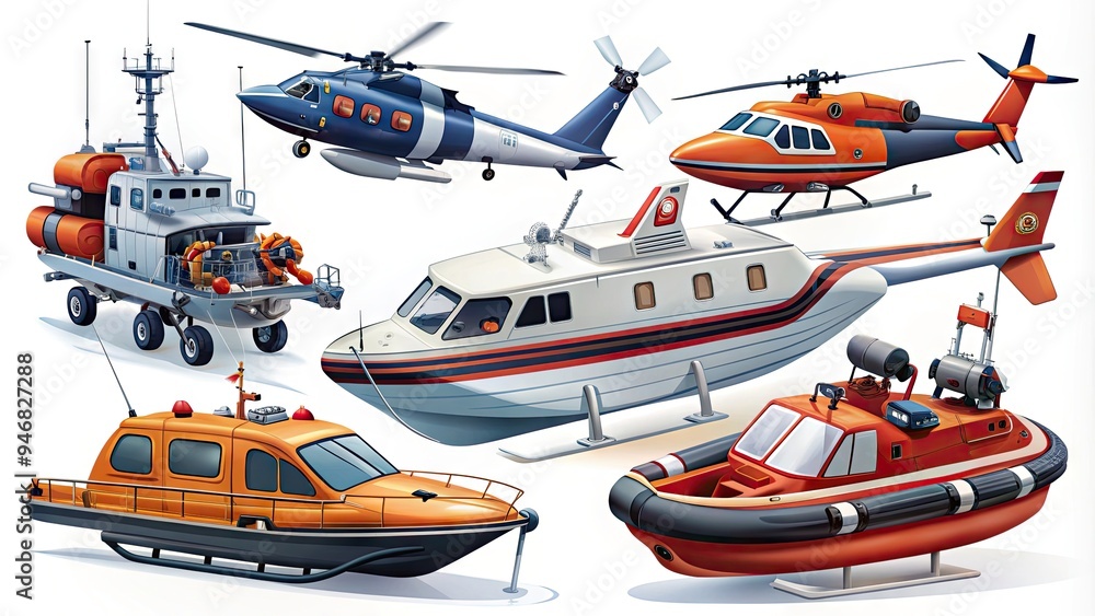 A collection of stylized illustrations depicting rescue boats, helicopters, and symbols associated with maritime emergency services and coastal protection agencies on a white background. A collection of stylized illustrations depicting rescue boats, helicopters, and symbols associated with maritime emergency services and coastal protection agencies on a white background.