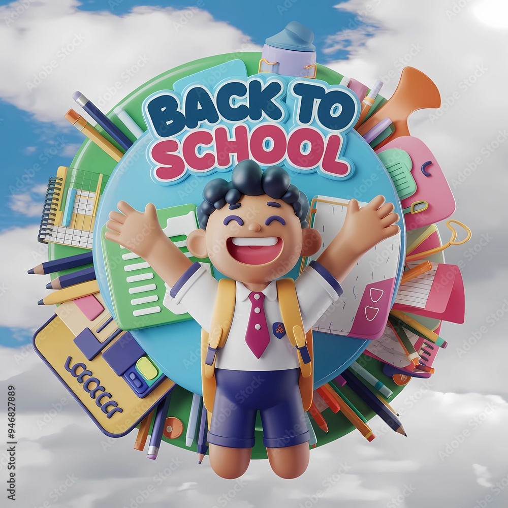 smiling student in a school uniform, with their arms raised smiling student in a school uniform, with their arms raised