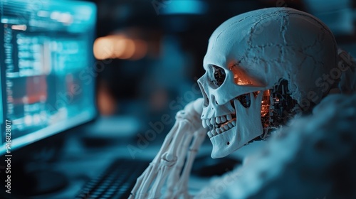 A skeletal robot engrossed in working at a computer station with a background of blue-toned lighting, illustrating a fusion of futuristic robotics and technology interaction. photo