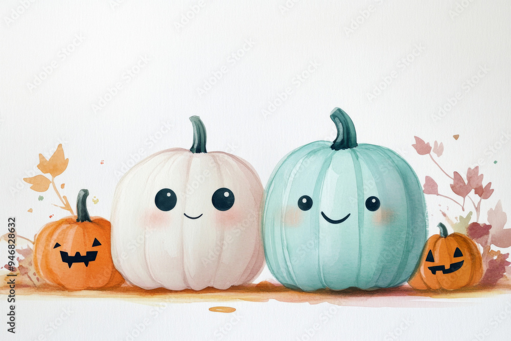 Cadre Aquarelle Illustration mignonne de citrouilles colorées avec des visages souriants, entourées de petites citrouilles d'Halloween. Ambiance joyeuse et festive. Espace pour texte Cadre Aquarelle Illustration mignonne de citrouilles colorées avec des visages souriants, entourées de petites citrouilles d'Halloween. Ambiance joyeuse et festive. Espace pour texte