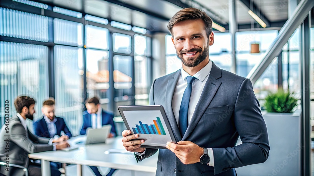 A confident businessman holds a tablet displaying a product, surrounded by graphs and charts, conveying trusted approval and professional credibility in a modern office setting. A confident businessman holds a tablet displaying a product, surrounded by graphs and charts, conveying trusted approval and professional credibility in a modern office setting.