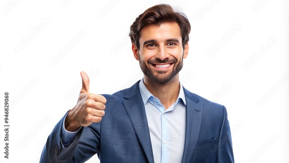 A confident male figure stands against a pure white background, giving a thumbs up gesture with a big smile, conveying approval and satisfaction.
