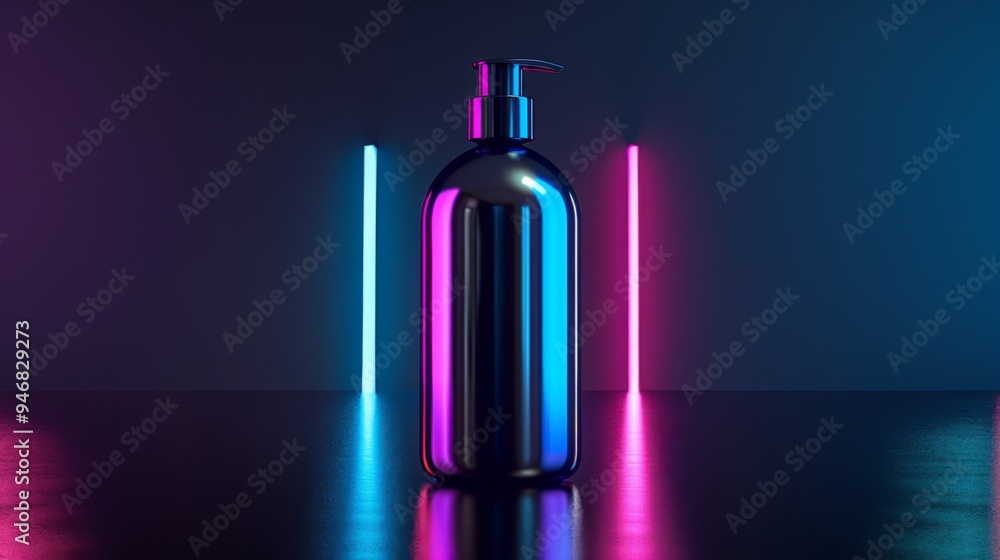 A stylish black bottle stands centered with blue and pink lights casting vibrant reflections, highlighting its contemporary design in a dimly lit setting A stylish black bottle stands centered with blue and pink lights casting vibrant reflections, highlighting its contemporary design in a dimly lit setting