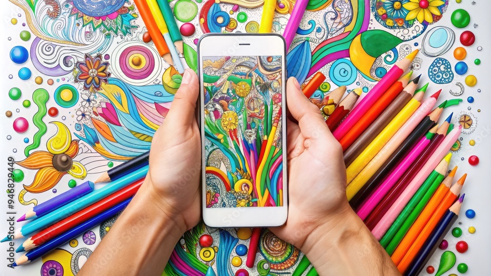 Fototapeta premium A creative hand holds a smartphone with a whimsical doodle-covered screen, surrounded by colorful pens and papers, against a bright white background.