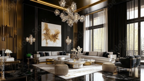 luxurious modern living room, dark walls, abstract art on walls, elegant chandeliers, marble flooring with gold accents, large windows, sophisticated furniture, contemporary interior design, high eleg photo