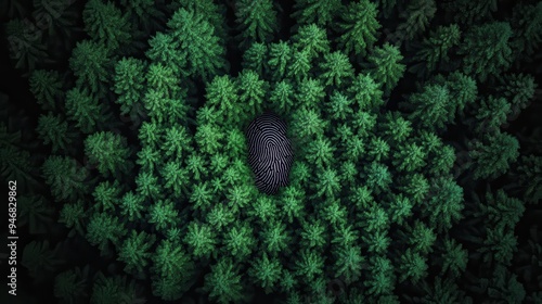 An artistic aerial photograph featuring a dense green forest with a unique fingerprint pattern innovatively incorporated among the trees, symbolizing security and nature. photo