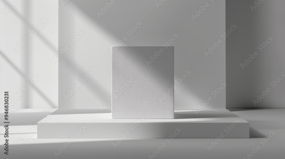 A white pedestal supports a plain cube, illuminated by soft natural light streaming through a nearby window, creating a peaceful and modern atmosphere A white pedestal supports a plain cube, illuminated by soft natural light streaming through a nearby window, creating a peaceful and modern atmosphere
