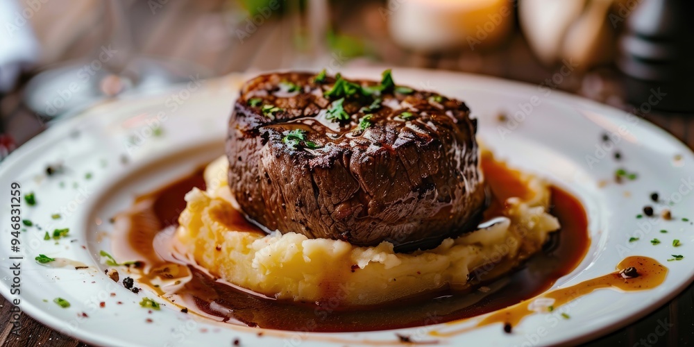 Filet mignon steak served with creamy mashed potatoes and delectable sauce on a plate Close up shot with selective focus Filet mignon steak served with creamy mashed potatoes and delectable sauce on a plate Close up shot with selective focus