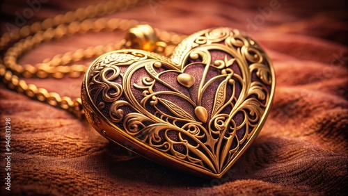 A delicate, ornate, golden heart-shaped locket, adorned with intricate filigree, lying open on a soft, velvet background, emitting warm, romantic, and tender sentimental vibes.