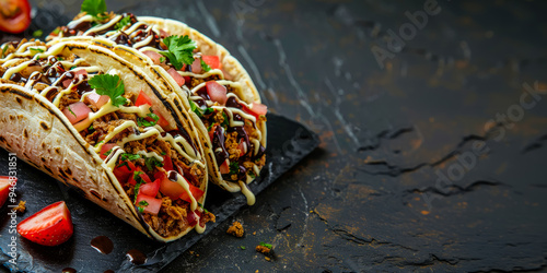 Delicious tacos lying on slate with strawberries and copy space