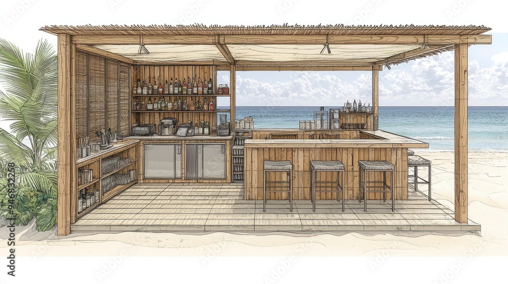 Tropical Beach Bar with Wooden Canopy and Ocean View Tropical Beach Bar with Wooden Canopy and Ocean View