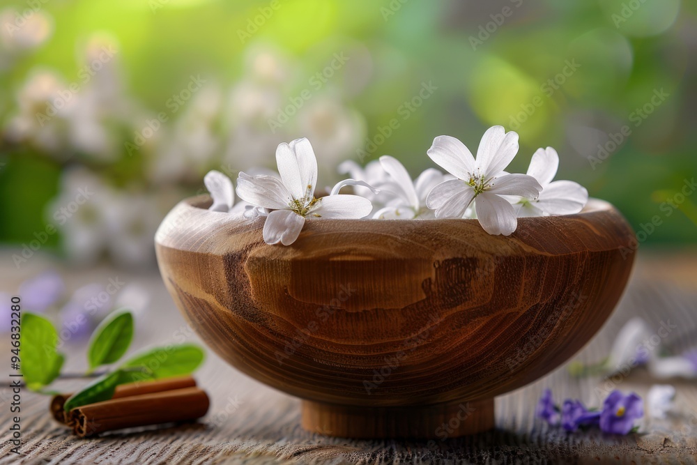 White flowers are laying in a wooden bowl with cinnamon sticks nearby, creating a relaxing atmosphere White flowers are laying in a wooden bowl with cinnamon sticks nearby, creating a relaxing atmosphere