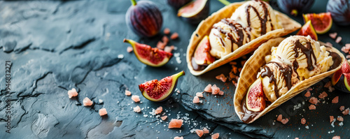 Waffle taco shells holding ice cream scoops and fig slices being drizzled with chocolate sauce