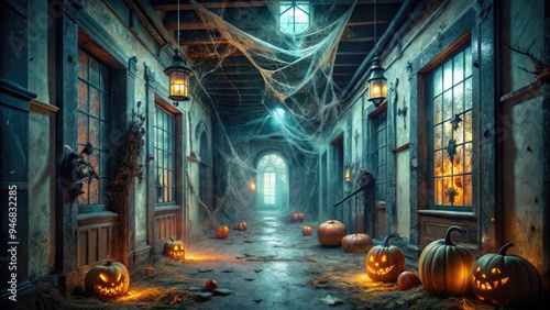 A dimly lit, abandoned asylum hallway is overrun with cobwebs, skeletons, and jack-o'-lanterns, exuding an eerie, foreboding atmosphere perfect for terrifying Halloween scenes.