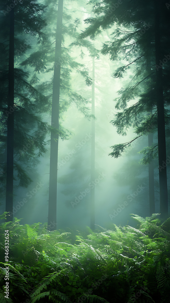 Fototapeta premium Sunlight streams through a misty forest, illuminating tall trees and a carpet of ferns.
