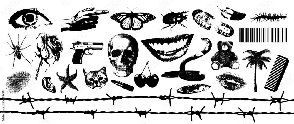 Naklejka premium Black and white photocopy retro design with different elements