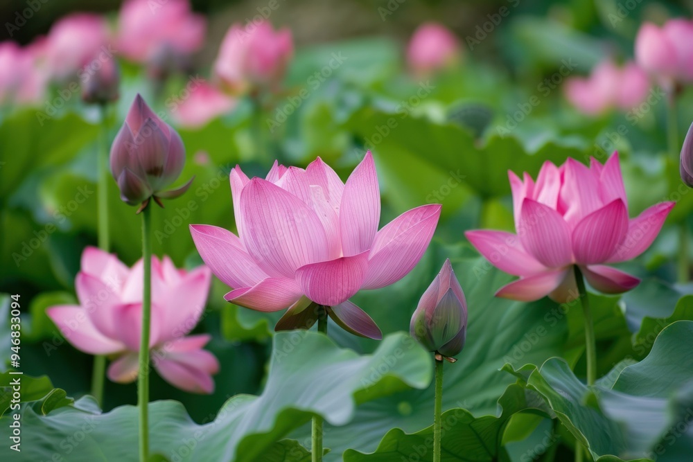 Pink lotus flowers are blooming in the pond surrounded by green leaves Pink lotus flowers are blooming in the pond surrounded by green leaves
