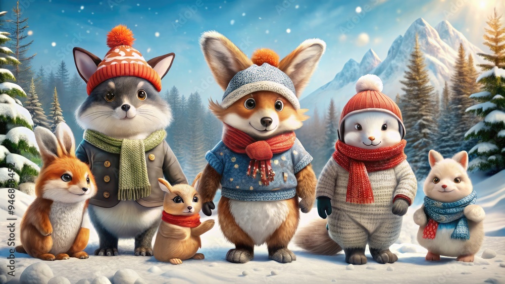 Adorable anthropomorphic animals, including a penguin, rabbit, and fox, bundle up in cozy winter hats, scarves, and boots, enjoying a snowy winter wonderland scene. Adorable anthropomorphic animals, including a penguin, rabbit, and fox, bundle up in cozy winter hats, scarves, and boots, enjoying a snowy winter wonderland scene.