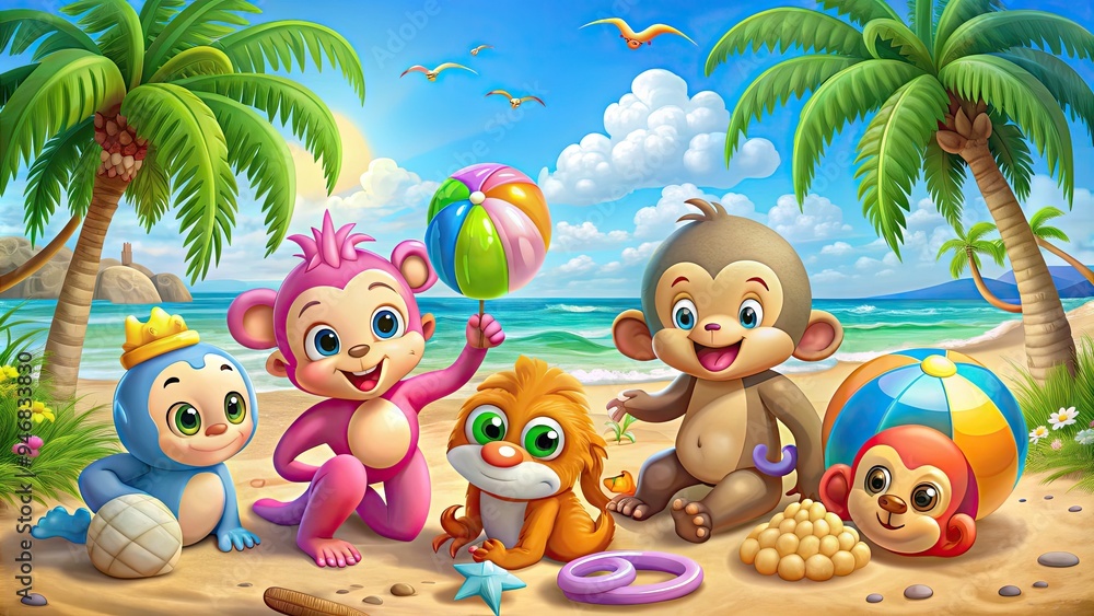 Fototapeta premium Adorable cartoon animals, including a smiling octopus and happy monkey, playfully relax amidst palm trees, vibrant beach balls, and seashells on a sunny, colorful coast.