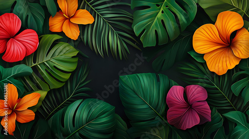 Wallpaper Mural Tropical leaves and vibrant flowers create a lush, vibrant border against a dark background. Torontodigital.ca