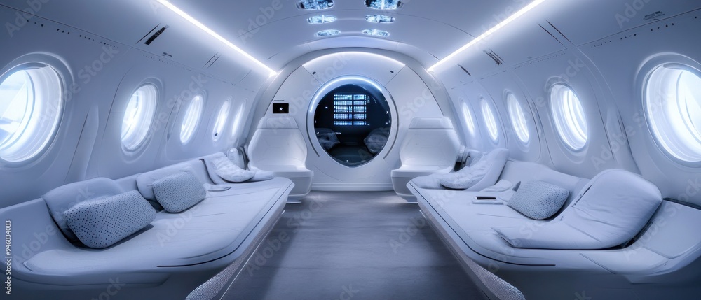 Futuristic Airplane Interior with White Leather Seating and Large Windows