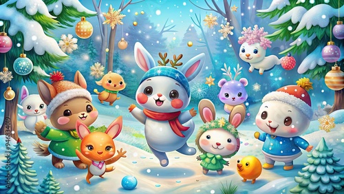 Adorable cartoon creatures frolic in a vibrant winter wonderland surrounded by delicate snowflakes, colorful backgrounds, and whimsical details, evoking a sense of childlike wonder.