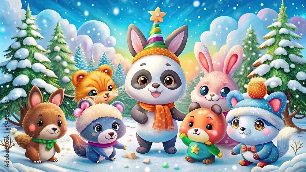 Adorable cartoon friends, including pandas, rabbits, and foxes, frolic in a vibrant winter wonderland filled with delicate snowflakes, rainbow hues, and whimsical textures. Adorable cartoon friends, including pandas, rabbits, and foxes, frolic in a vibrant winter wonderland filled with delicate snowflakes, rainbow hues, and whimsical textures.