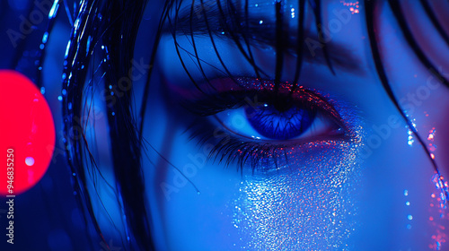 A beautiful woman with hints of cybernetic enhancements and blue make-up.  photo