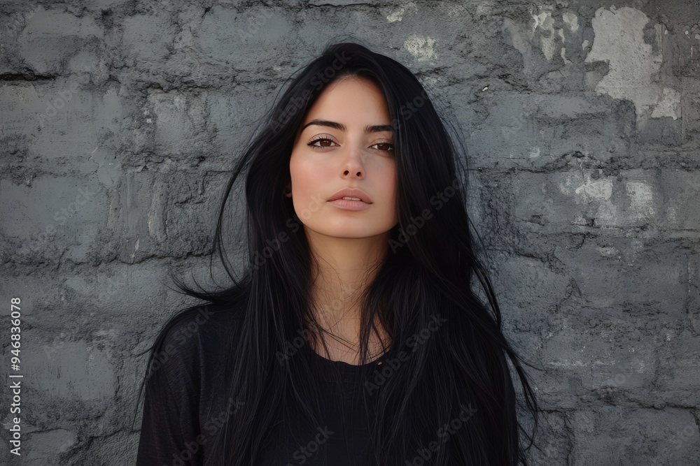 Fototapeta premium A woman with long black hair is standing in front of a brick wall, generative ai image