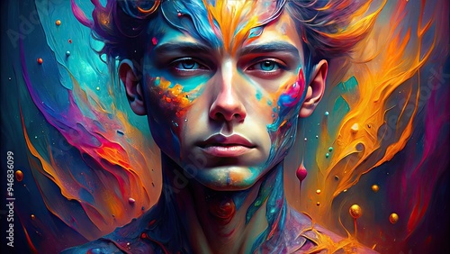 A dreamlike portrait of a person with melting facial features, blurring the lines between reality and fantasy, with vibrant colors and abstract textures.