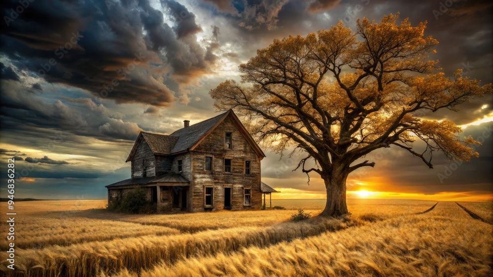 A eerie, abandoned farmhouse amidst a harvest of golden wheat, surrounded by twisted, gnarled trees, set against a dark, foreboding autumnal sunset sky. A eerie, abandoned farmhouse amidst a harvest of golden wheat, surrounded by twisted, gnarled trees, set against a dark, foreboding autumnal sunset sky.