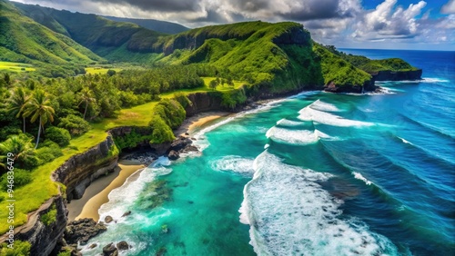 Aerial drone footage captures stunning turquoise ocean waves crashing against lush green volcanic cliffs and white sandy beaches in tropical Hawaiian paradise. photo