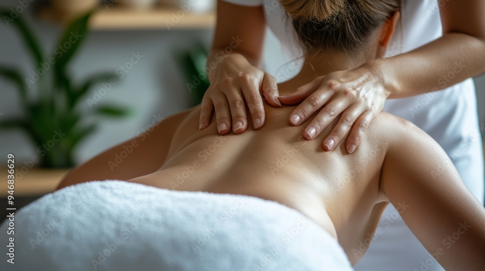 Fototapeta premium a woman getting a back massage, banner, plain background, a lot of background