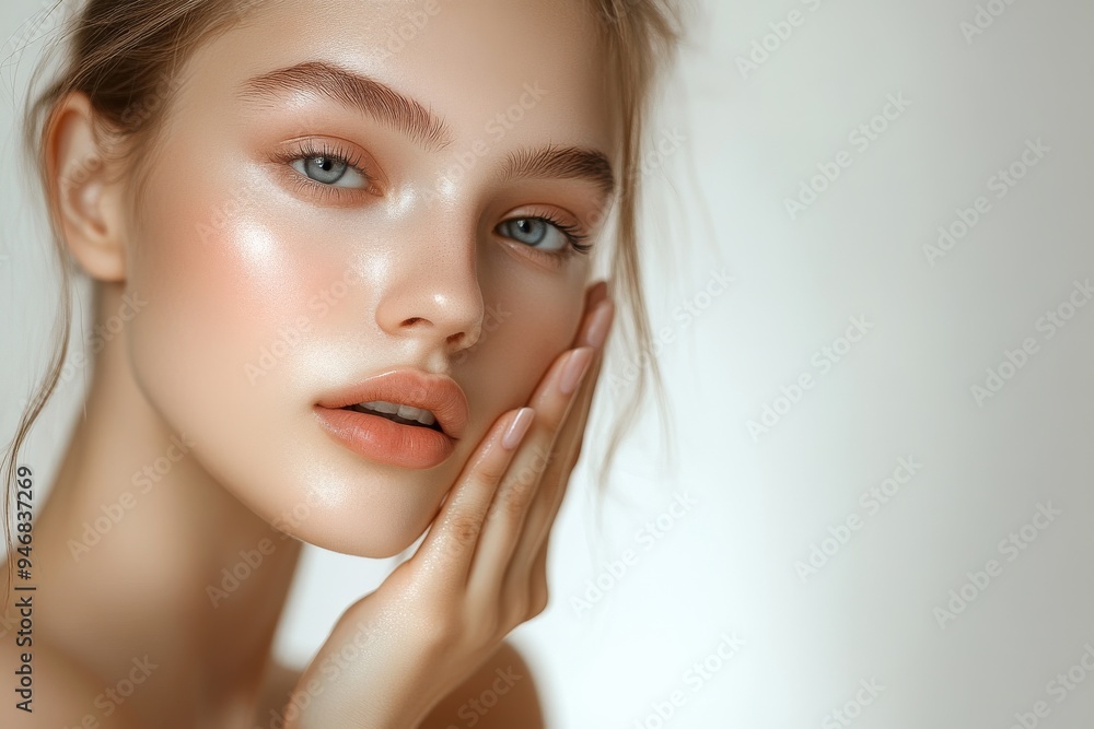 skin care in a natural way for beautiful teenage girl putting her hand to her face, white background skin care in a natural way for beautiful teenage girl putting her hand to her face, white background