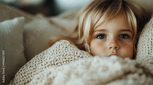 A charming image of a young child wrapped in a beige knitted blanket, with wide eyes peering out, exuding a sense of contentment, safety, and childhood innocence.