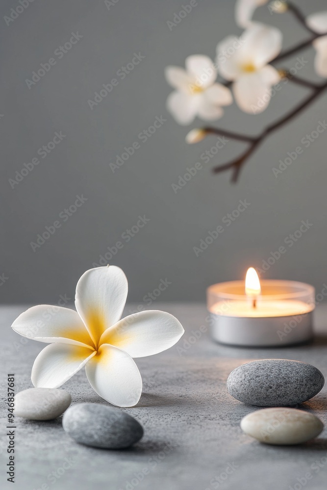 Plumeria flower with five petals and stones, there is candle also on grey concrete table in massage bright room, for spa background Plumeria flower with five petals and stones, there is candle also on grey concrete table in massage bright room, for spa background