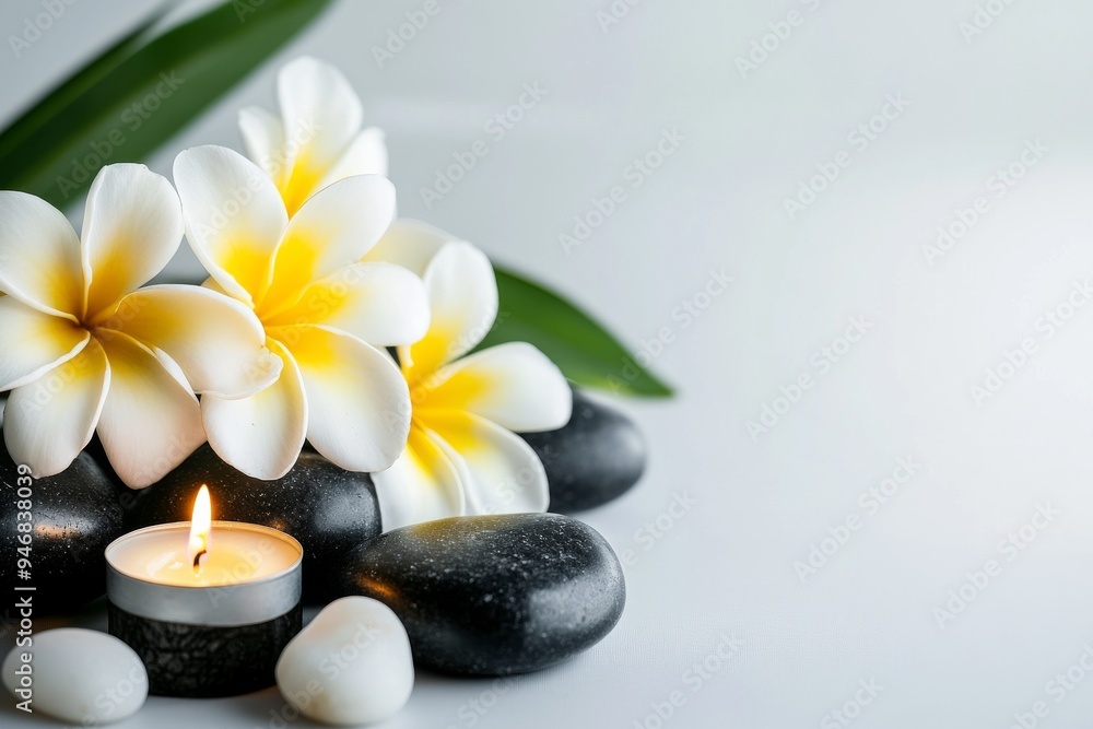 Plumeria flowers, candle and stones for spa minimalist light white gradient background. Plumeria flowers, candle and stones for spa minimalist light white gradient background.