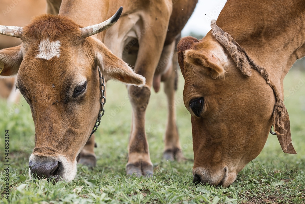Livestock. Cows graze in a meadow. The concept of animal husbandry and rural life. Chipping of animals. A pet on an eco-farm. Agricultural industry. Livestock. Cows graze in a meadow. The concept of animal husbandry and rural life. Chipping of animals. A pet on an eco-farm. Agricultural industry.