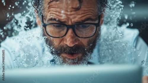 A dramatic underwater scene featuring a person surrounded by bubbles, floating effortlessly while the water creates a sense of motion, calmness, and freedom.